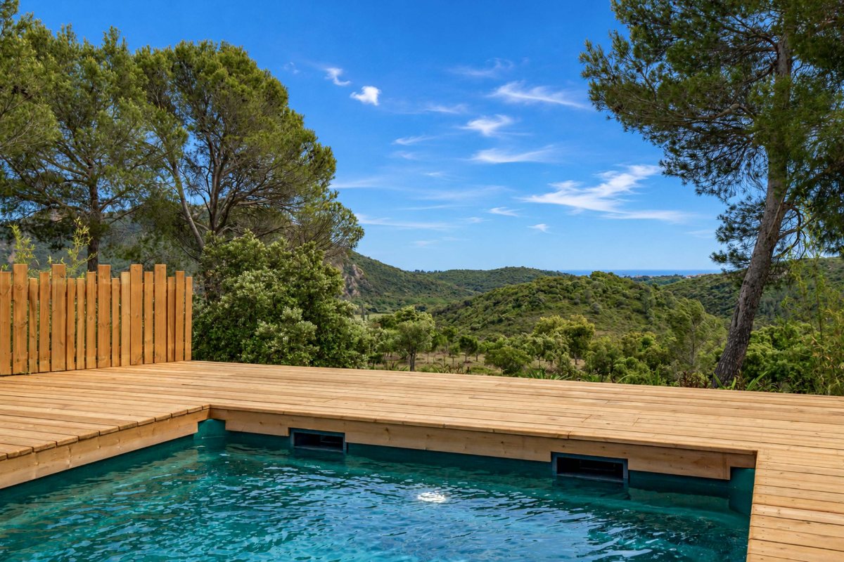 Privater Pool und Holzterrasse einer VIP-Unterkunft von Esterel Caravaning mit Blick auf die Hügel des Estérel und das Meer
